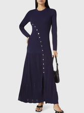 Openwork Round Neck Long Sleeve Sweater Dress Dark Blue One Size OutfitFlow